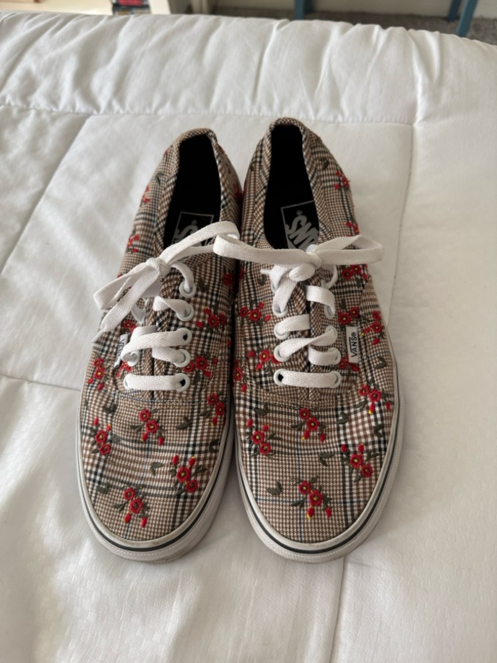 Vans Authentic Women’s Floral Beige and Red Plaid Lace-Up Sneakers